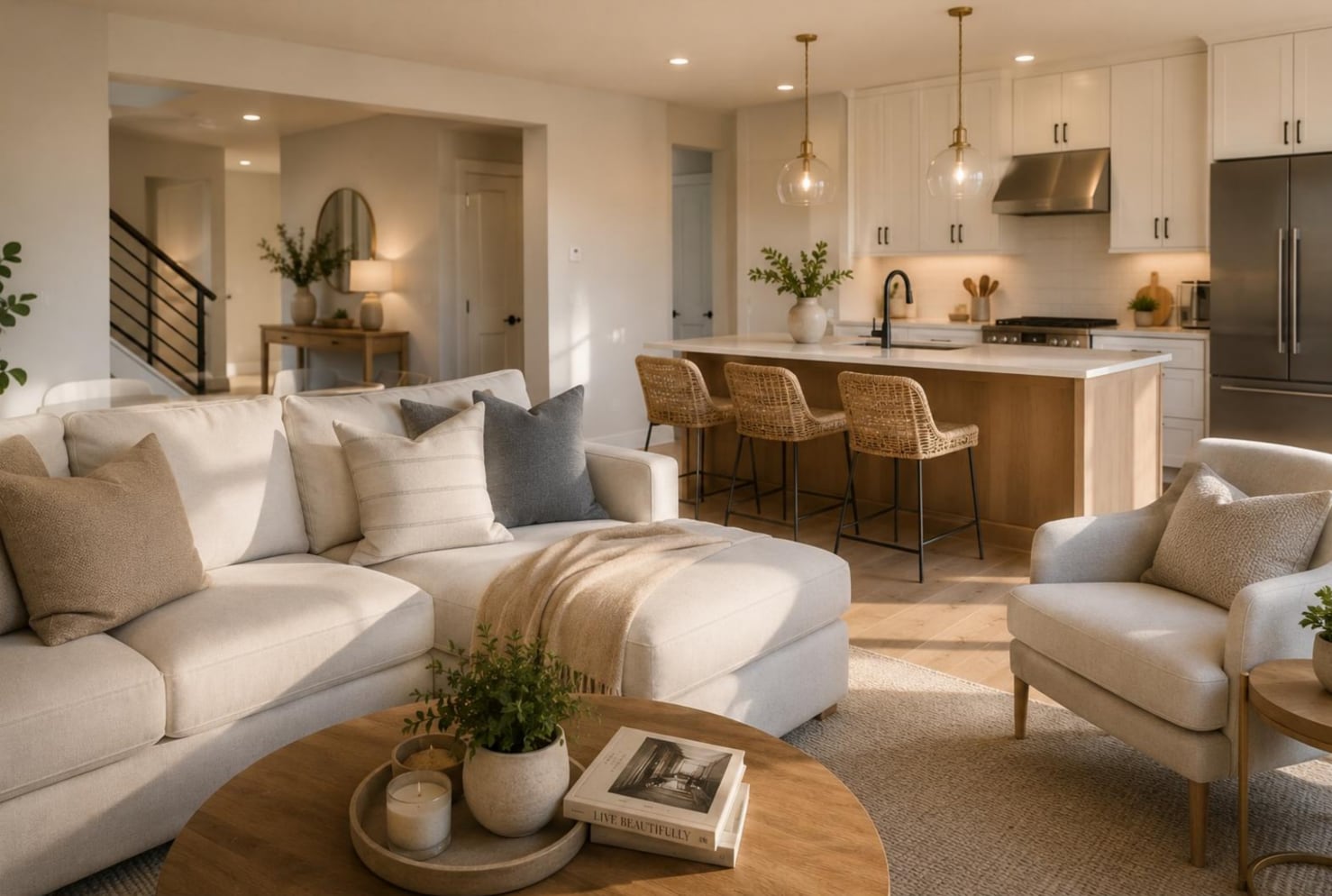 A warm, professionally cleaned open-plan Las Vegas living room — The Cleaning Lab's attention to detail in every space.
