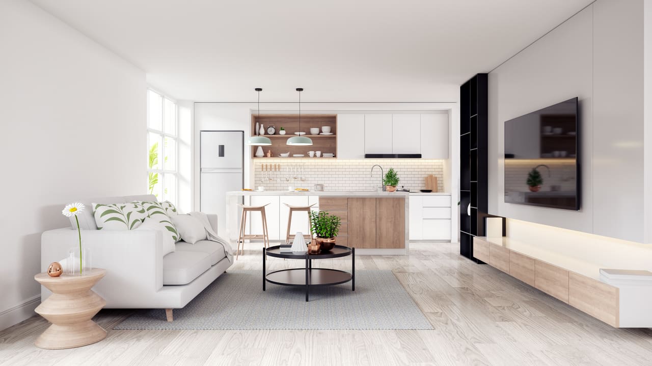 An open-plan kitchen cleaned to a custom scope of work.