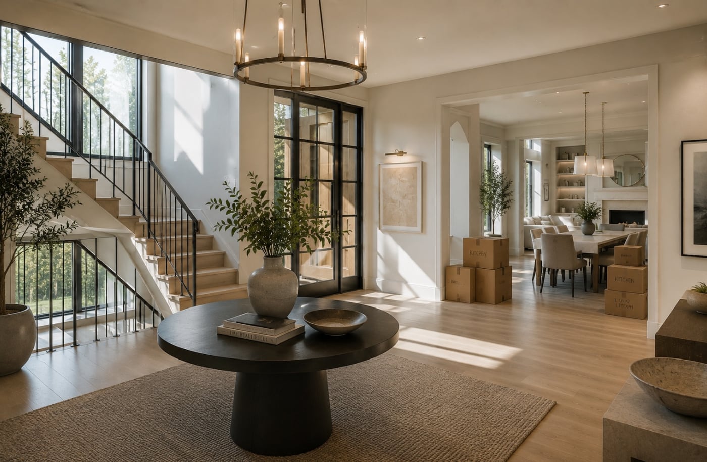 A sunlit entryway and dining area with moving boxes, cleaned and ready for closing.