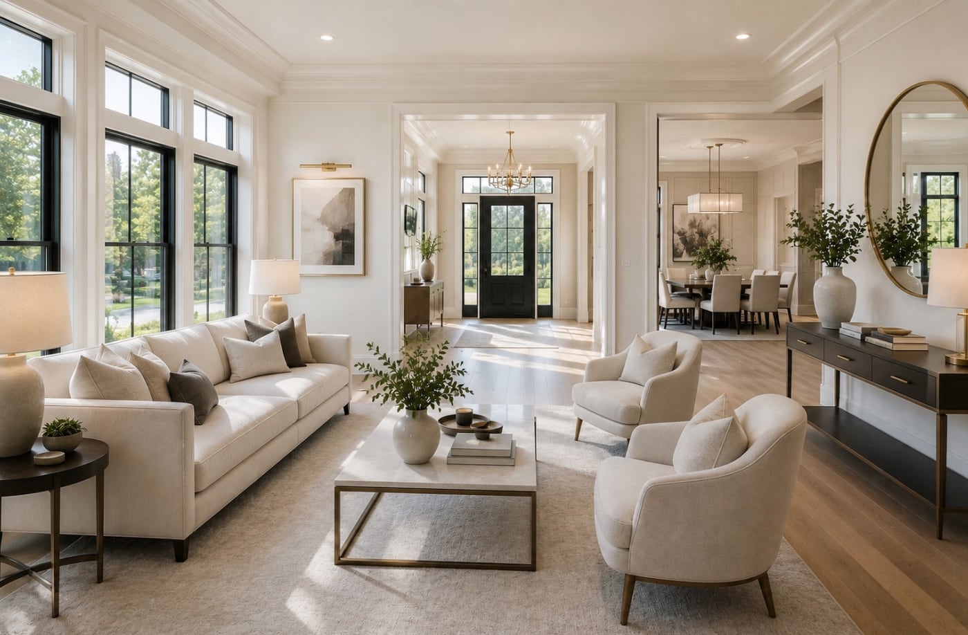 A bright, light-filled living room and entryway styled and refreshed for listing photography.