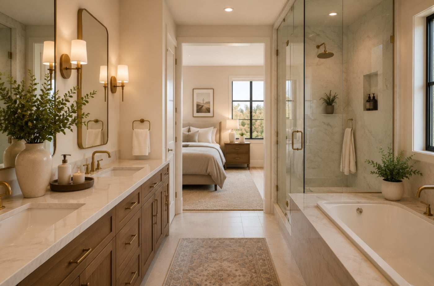 A pristine marble primary bathroom and bedroom suite after a detailed deep clean.