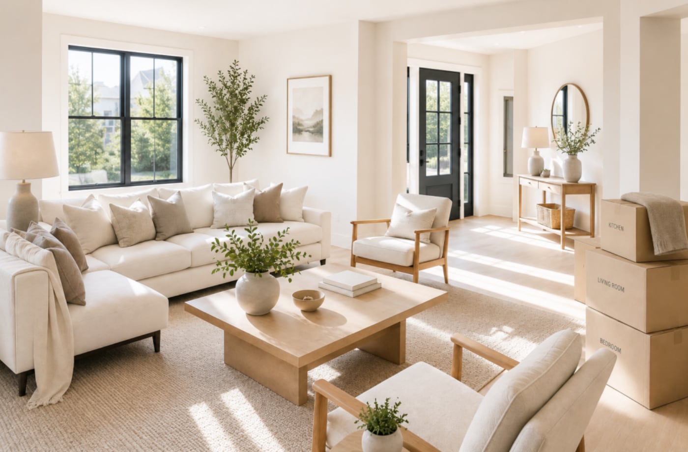 A bright living room with labeled moving boxes, freshly cleaned and move-ready.