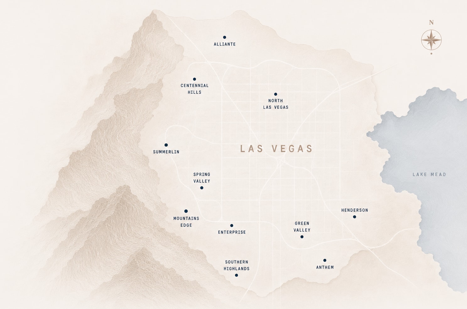 Illustrated map of the Las Vegas Valley showing The Cleaning Lab service neighborhoods including Aliante, Centennial Hills, North Las Vegas, Summerlin, Spring Valley, Mountain's Edge, Enterprise, Southern Highlands, Green Valley, Henderson and Anthem, framed by the surrounding mountains and Lake Mead.